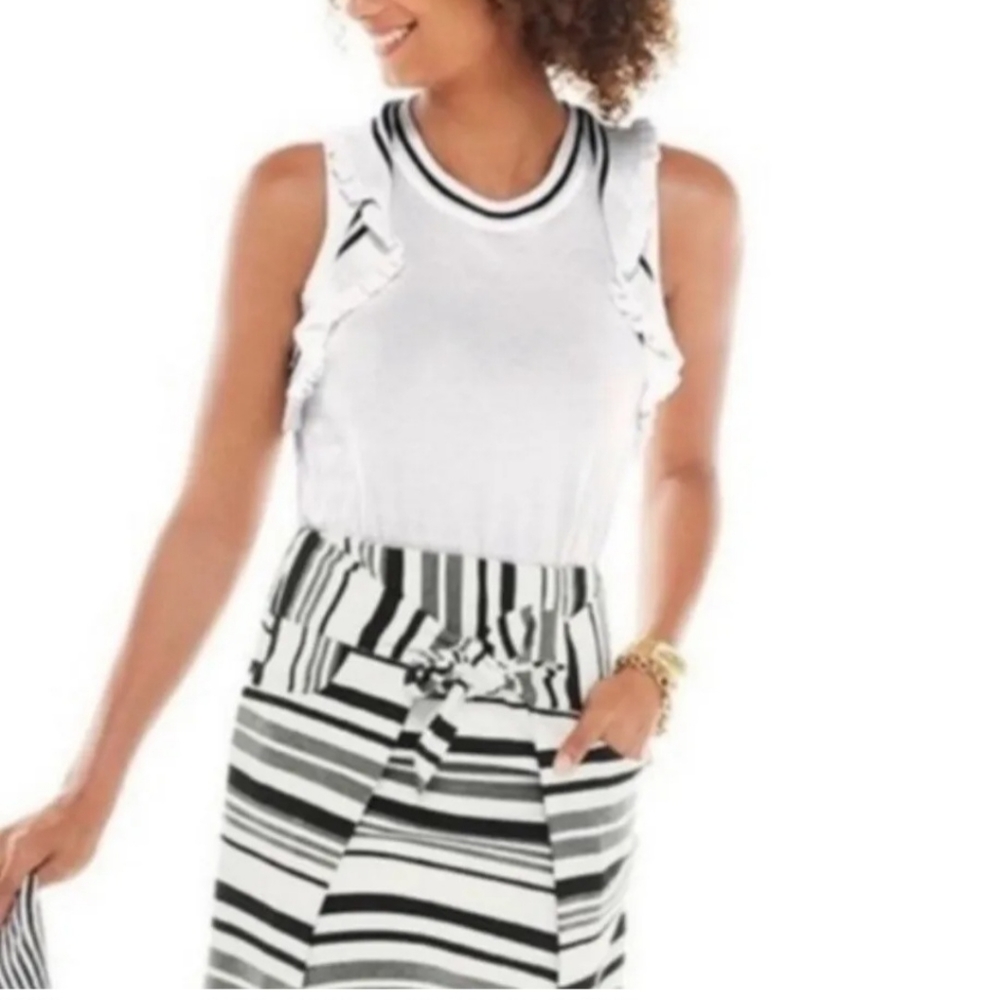 Cabi 5199 Topspin Ruffle Sleeveless White with Black Stripe Detail Top Size S